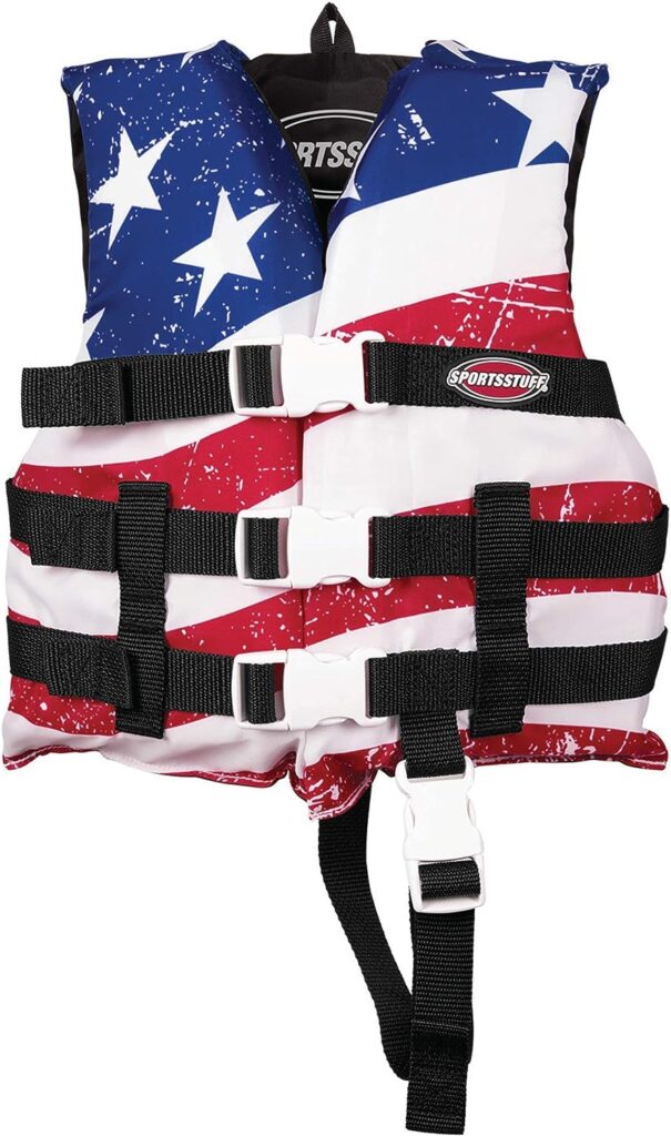 SPORTSTUFF Stars and Stripes Life Jacket, US Coast Guard Approved, Type III, Adult, Child, Youth Sizes